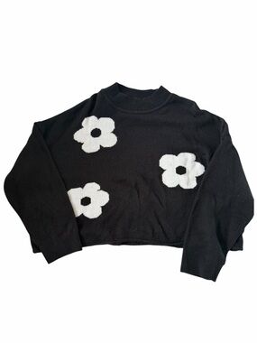 H&M Black Ribbed Knit Crop Sweater with White Floral Detail
